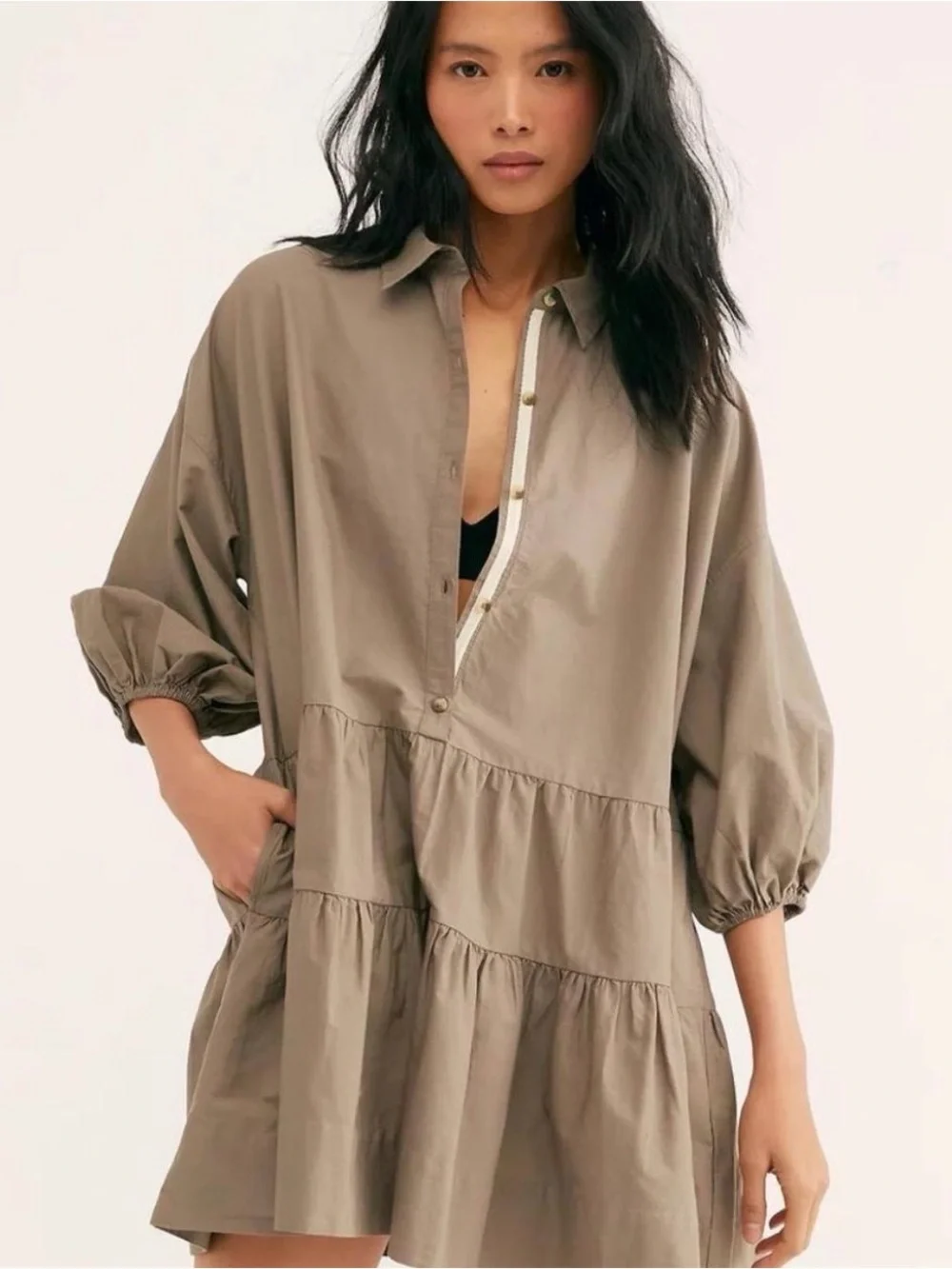 Free People Misha Mini Dress Tan Tiered Button-Front Balloon Sleeve Size L